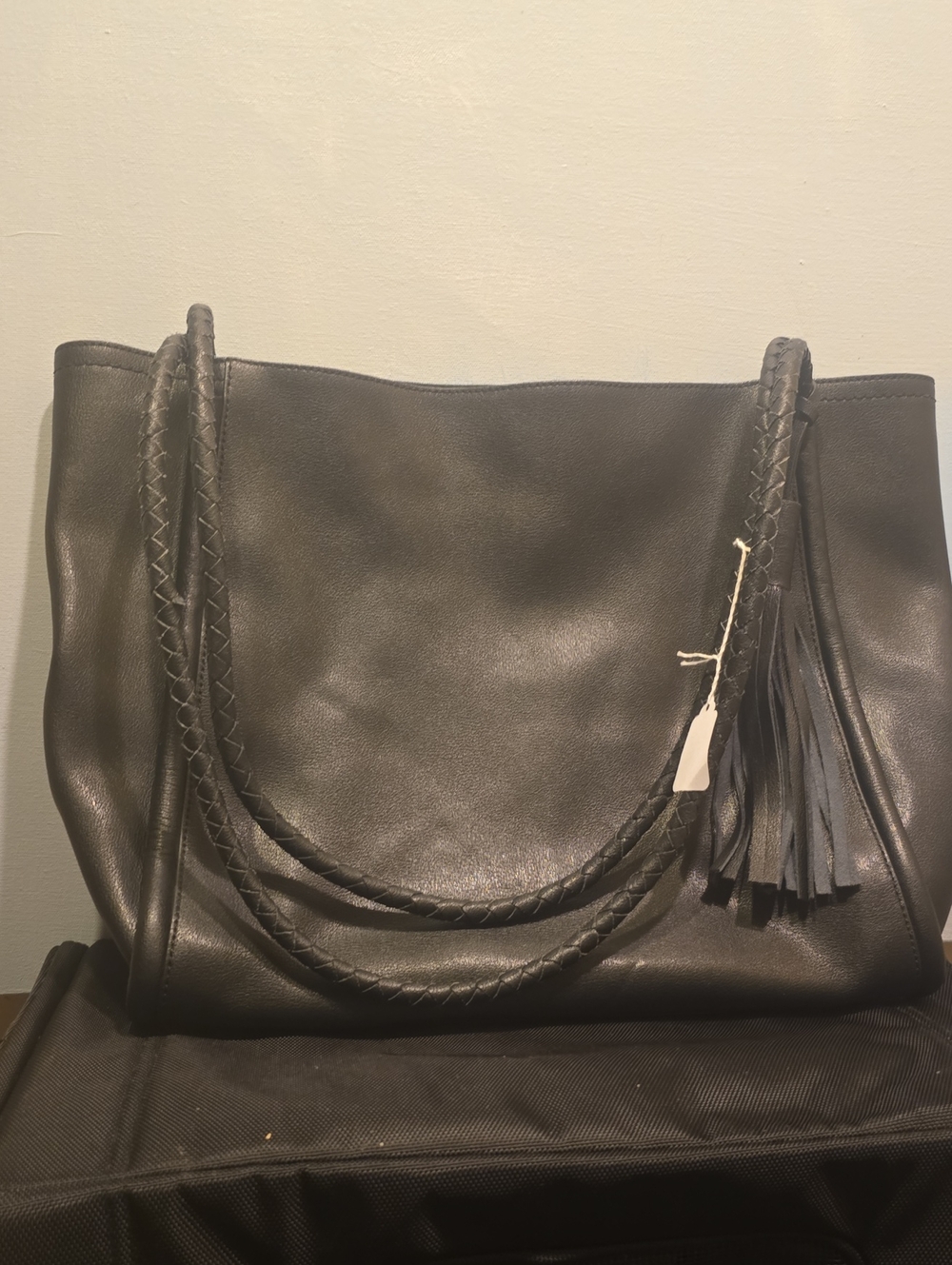 Women's Black Leather Tote Bag with Braided Handles COLE HAAN